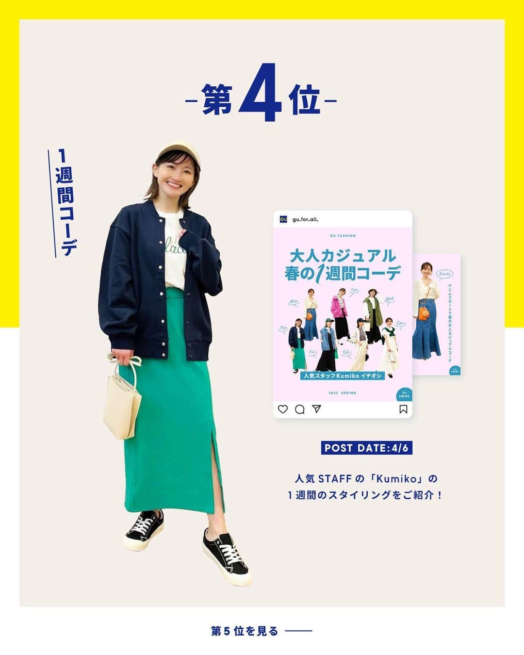 GU(ジーユー) さんのインスタグラム写真 - (GU(ジーユー) Instagram)「4月の人気投稿ランキング発表🎊 今月もguの投稿を見ていただいてありがとうございます💓 人気の投稿をランキング形式でご紹介いたします✨  来月も沢山の情報を投稿していきたいと思いますので、 どうぞよろしくお願いいたします👩  ※2023/4/1~2023/4/27 時点での実績に基づきます。  —  #GU #ジーユー #GUコーデ #gu_for_all #ジーユー購入品 #ジーユーコーデ #大人可愛い #大人コーデ #きれいめカジュアル #きれいめコーデ #今日のコーデ #着回しコーデ #コーディネー #大人きれい #春ファッション #春コーデ #春服 #春 #春ファッション #春コーディネート #TOP5 #ランキング」4月28日 16時01分 - gu_for_all_