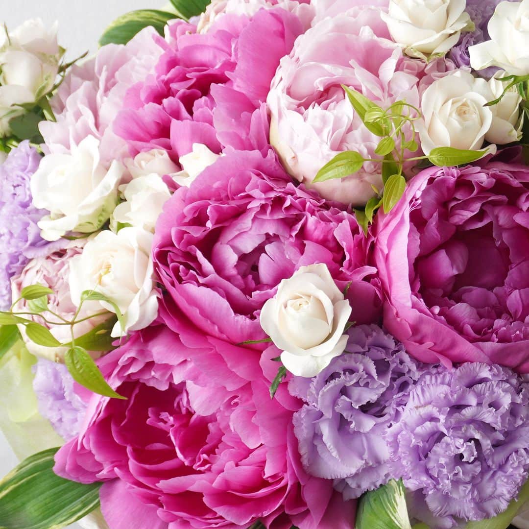 AOYAMA_HANAMOさんのインスタグラム写真 - (AOYAMA_HANAMOInstagram)「華麗な花姿の芍薬の、初夏を感じる花合わせ。 ・ 濃いピンクと淡いピンク、2種類の大輪の芍薬（ピオニー）を中心に、淡い紫のトルコキキョウや白いスプレーバラを合わせて。動きのあるリーフのあしらいで初夏らしい雰囲気も添えた、エレガントな印象のラウンドスタイルブーケです。 ・ 芍薬はボタン科ボタン属の花で、英名では「ピオニー（peony）」と呼ばれています。ボタン属の学名は「Paeonia（パエオニア）」で、ギリシャ神話の医療の神「Paeon（ペオン）」が由来とのこと。 古来より芍薬の根が漢方薬として重宝されてきた歴史を考えると、ピオニーという英名が医療の神の名前に由来する点も頷ける内容ですね。 ・ 青山花茂では今年も新しいデザインの芍薬のフラワーギフトをご用意しています。 ぜひ旬の時期を逃さず、芍薬をお楽しみください。 ・ 商品名：芍薬の花束＜ビジュー＞ - - - #aoyamahanamo #青山花茂 #お花のある生活 #花が好きな人と繋がりたい #花を贈ろう #花のある暮らし #花のあるくらし #花のある日常 #癒しの花 #季節の花 #旬の花 #花とおうち時間 #花贈り #フラワーギフト #花の贈り物 #花束 #ブーケ #ナチュラルブーケ #芍薬ブーケ #ピオニーブーケ #芍薬 #シャクヤク #ピオニー #スプレーバラ #トルコキキョウ #利休草 #初夏の花」4月28日 18時00分 - aoyama_hanamo