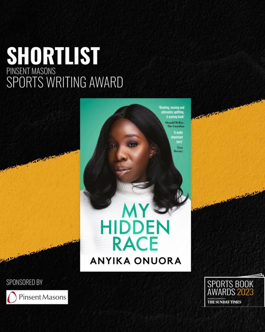 アニカ・オヌオラのインスタグラム：「It’s another shortlist!!! 👏🏾👏🏾👏🏾👏🏾👏🏾👏🏾 Very excited to share that My Hidden Race has been shortlisted for the @sportsbookawards Sports Writer Award. Super proud that my book is recognised in such a prestigious category. Congratulations to all the nominees.  Book link in bio 💚  #bookawards #sportsbook #sundaytimes #books #autobiography #author」