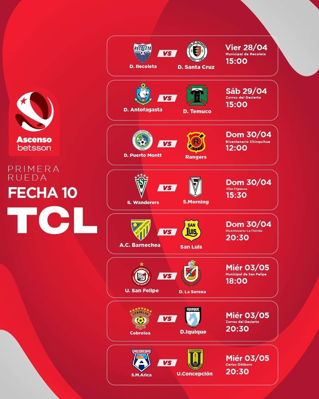 サッカー チリ代表チームのインスタグラム：「⚽️💯 Esta es la #Fecha10 del #AscensoBetsson  Presentada por @tcl.cl   Revisa días y horas 📆⌚️  Por @tntsportscl 💻📲📺  @betssonchile」