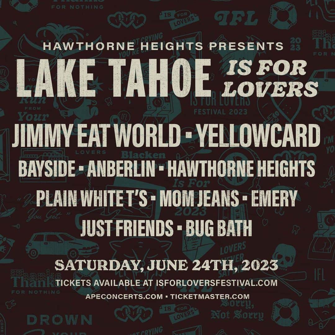 Yellowcardのインスタグラム：「LAKE TAHOE is for lovers 💛  We’re joining this stacked lineup for @isforloversfestival this summer on June 24th at Harveys Ampitheatre. We’ll be performing the Ocean Avenue album in full! Grab your tickets now and we’ll see you out there. . . . . . #yellowcardband #yellowcard #hawthorneheights #laketahoe #poppunk #emo #oceanavenue  @williamryankey @smackinyc @joshportman @ryanmichaelmendez」