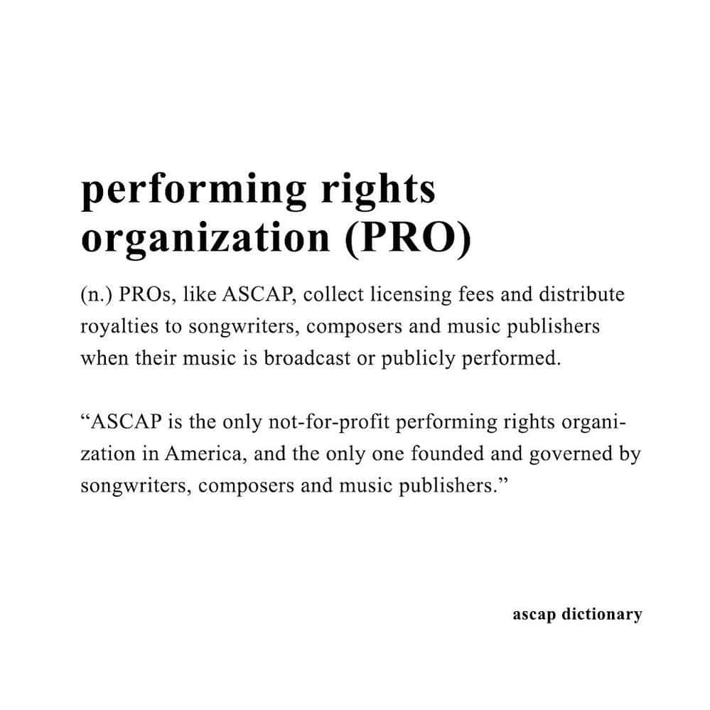 ASCAPのインスタグラム：「Under US copyright law, music creators and other copyright owners have the right to be compensated when their music is performed publicly.   A PRO collects licensing fees from businesses that use music – radio stations, TV networks, streaming services, concert venues, bars, restaurants, etc. – and turns that money into royalties for the music creators and publishers they represent.  FUN FACT: #ASCAP is the only not-for-profit PRO in America, and the only one founded and governed by songwriters, composers and music publishers.」