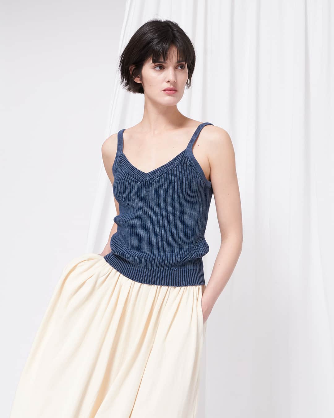デミリーのインスタグラム：「Lakia is a sweet v-neck camisole top in sturdy washed rib knit that takes signature stitch details from our bestselling Chelsea Sweater.」