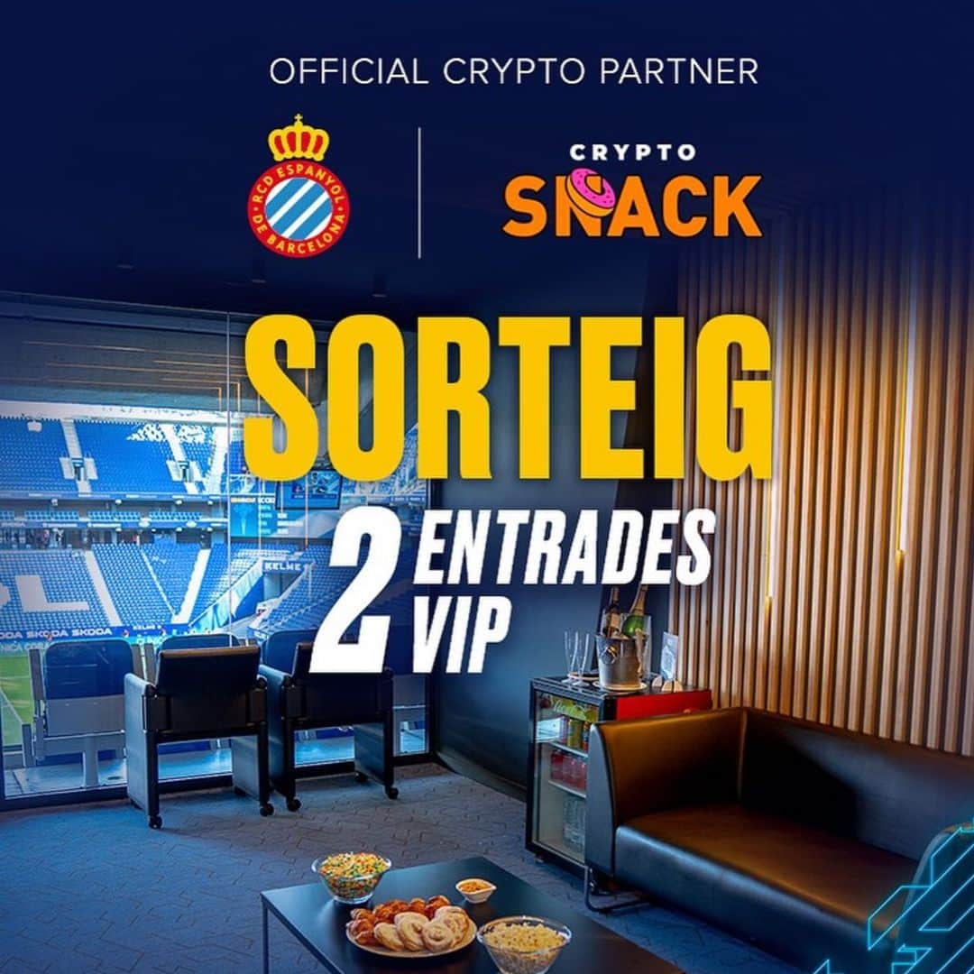 RCDエスパニョールのインスタグラム：「🔥 SORTEO EXPRESS | ¡Consigue dos entradas VIP para el #EspanyolGetafe gracias a 𝐂𝐫𝐲𝐩𝐭𝐨 𝐒𝐍𝐀𝐂𝐊!  1⃣ Dale 💙 a la publicación 2⃣ Sigue al @rcdespanyol y a @cryptosnackproject  3⃣ Menciona con quién vendrías   ¡Suerte!」