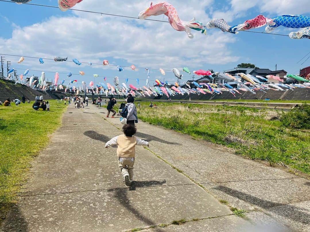 松本莉緒のインスタグラム：「🎏👦🏻 ⁡ ⁡ 先日、旦那さんが新潟県加茂市・加茂川を泳ぐこいのぼりへ連れて行ってくれました♪ ⁡ ⁡ 朝、息子に「今日はお空を泳ぐ沢山のお魚さんを見に行くよ😙」っと言ったら 「ちり(釣り)持ってく！🎣👦🏻💓」とおもちゃの釣り竿を持ってきました😂。 ⁡ ⁡ 釣る気満々で向かった先には500匹のこいのぼり‼︎ ⁡ ⁡ 目を輝かせ小さな手を目一杯伸ばして、 こいのぼりを捕まえてはしゃぐ姿がたまらなかった🥹💓 ⁡ ⁡ おもちゃの釣り竿は加茂川でちゃぽんと付けてしっかり遊びましたw ⁡ ⁡ 帰りは温泉に寄って大人ものびのび羽休み♨️☺️綺麗な夕日と息子の寝顔を見ながらすくすくと成長しますようにと願うママパパでしたとさ...♡ ⁡ ⁡ おわり✨ ⁡ ⁡ #松本莉緒 #家族 #平和 #男の子のママ #2歳11ヶ月 #新潟移住 #加茂川鯉のぼり」