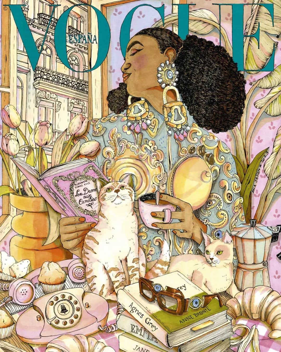 のインスタグラム：「Las portadas que no fueron  Con motivo del 35 aniversario de @voguespain, nueve artistas locales han creado sus portadas soñadas, publicadas en el número de mayo de la revista. ‘Casual Sunday’, de @anajarenillustration, se construye en torno a varios ejes: “Esta cazadora de Schiaparelli me inspira una mezcla de elevación e intimidad por su tejido vaquero con brocados y bordados dorados. También está presente la idea del ojo que todo lo ve, ese estar al tanto de las últimas tendencias, que se muestra tanto en la chaqueta como en las gafas de Ignasi Monreal para Etnia Barcelona. Como guiño a Vogue España, a través de la ventana se puede ver un trocito del edificio de Condé Nast en la Castellana”. #Vogue35 {Puedes ver todas las portadas en el link de la bio de @voguespain}」