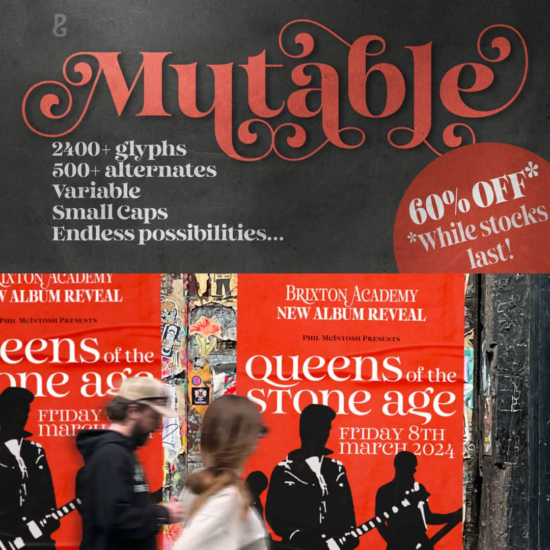 myfontsのインスタグラム：「Mutable by Paulo Goode is as vivid and changeable as its name suggests. These characterful fonts were explicitly designed for display purposes. It’s an exuberant family jam-packed with alternates and bestowed with a loud personality.   ❤️ Special Introductory Offer: 60% off, now on MyFonts!」