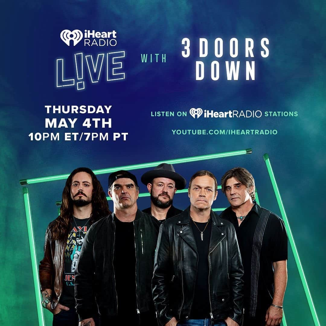 3 Doors Downのインスタグラム：「We've got a special show with @iHeartRadio on May 4th in celebration of the Away From The Sun Anniversary Tour! Watch it LIVE at 10pm ET on YouTube.com/iHeartRadio! #iHeart3DoorsDown」