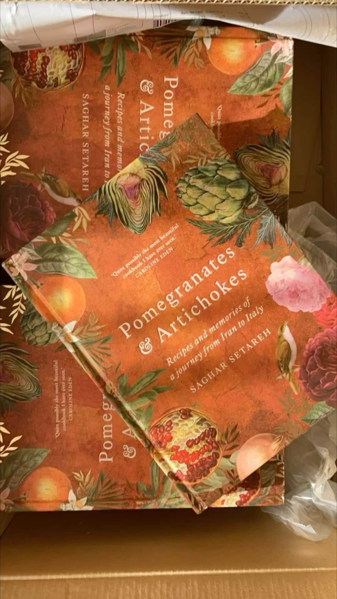Saghar Setarehのインスタグラム：「My copies of #PomegranatesAndArtichokes have arrived!  Publication day is less than a week away and I am starting to feel a little sick in my stomach from excitement, joy and a bit panic. My baby's leaving my head (computer) and going out to the world! Go far and wide little baby book.  P.S. there's another version of this song on my Pomegranates & Artichokes Spotify playlist. Have you listened to it yet? It's perfect to get in to mood and you can find it in the link in my bio.   #LabNoonCookbook #flavorsAndEncounters  @murdochbooks_uk  @interlinkbooks  @slowfoodeditore  @arsvivendiverlag」