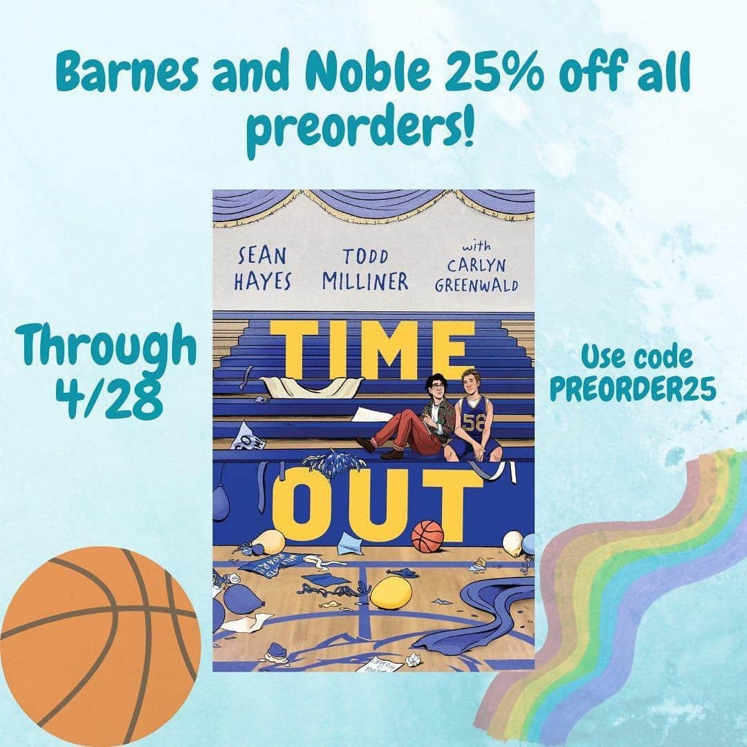 ショーン・ヘイズのインスタグラム：「Good news! Our book, “Time Out”, is available for preorder at Barnes and Noble!  They have also just announced that they are running a preorder sale this week which allows customers to get 25% off pre-orders of all physical books, audiobooks, and ebooks.  So, order your copy of “Time Out” today, using the code: PREORDER25.   #TimeOut #SimonAndSchuster」