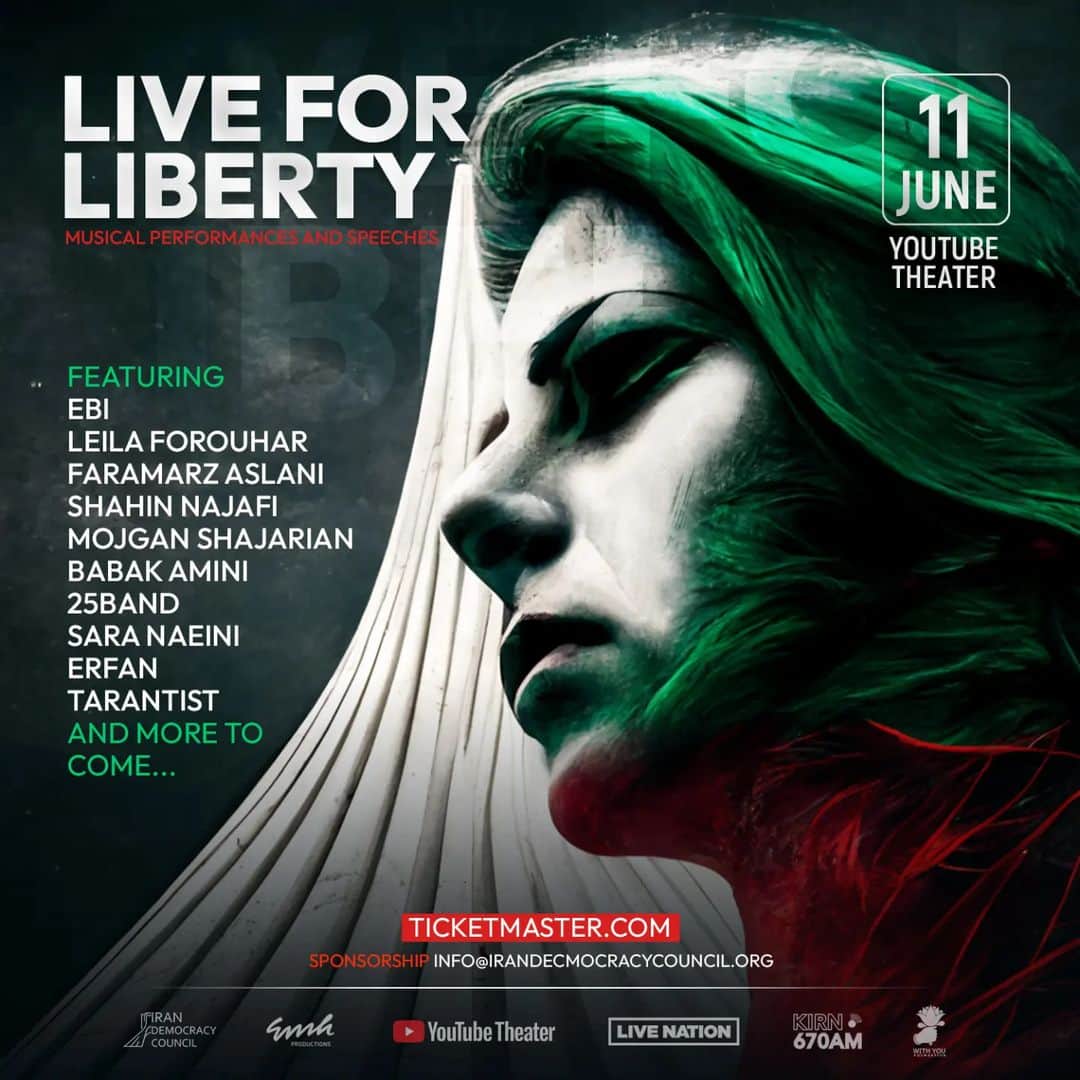 Ebiのインスタグラム：「I’m proud to be one of the artists doing a benefit performance at this historic event on June 11th,  2023 at the @youtubeteather in Los Angeles. Join us and be a voice for the people of #Iran and the #WomanLifeFreedom movement!   Tickets go on sale today (Friday, April 28th) at 10AM (PST).  Visit TicketMaster.com to select your seat today! Or click the link in my bio!  #Live4liberty #WomanLifeFreedom #Iran #LiveNation (Any proceeds will go to federally approved non-profit organizations helping those in need in Iran)」