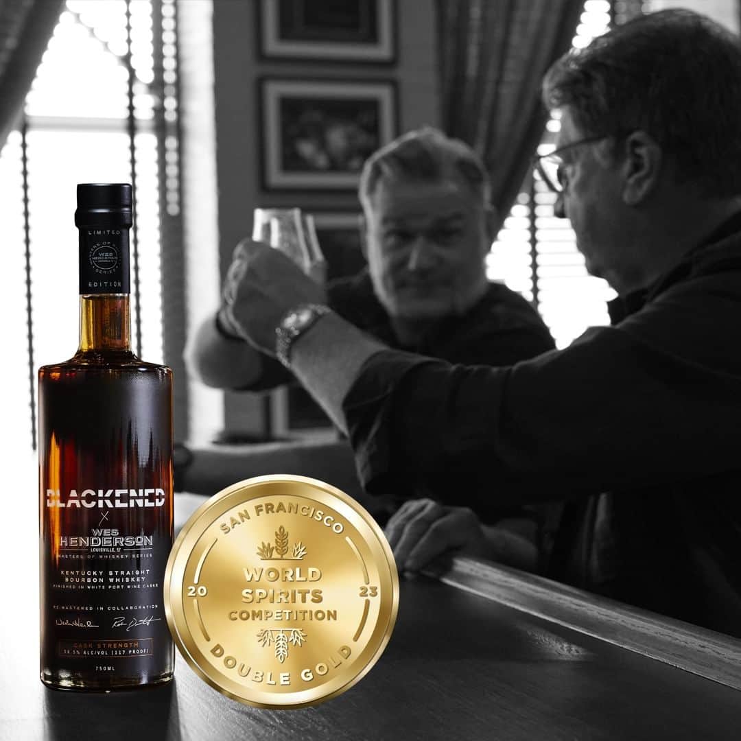 のインスタグラム：「Hats off to Rob Dietrich and Wes Henderson for their collaboration on BLACKENED x Wes Henderson, which took home a DOUBLE GOLD at the prestigious 2023 @sfwspiritscomp! We never doubted their kick-ass talent, but it’s always exciting when the judges taste it too! Congratulations, @whiskeyrob & @kybourbonmaker! Head over to blackenedwhiskey.com to see where you can pick up your own limited edition bottle before they are gone! #sfwsc #sfwsc2023 #whiskeyremastered」