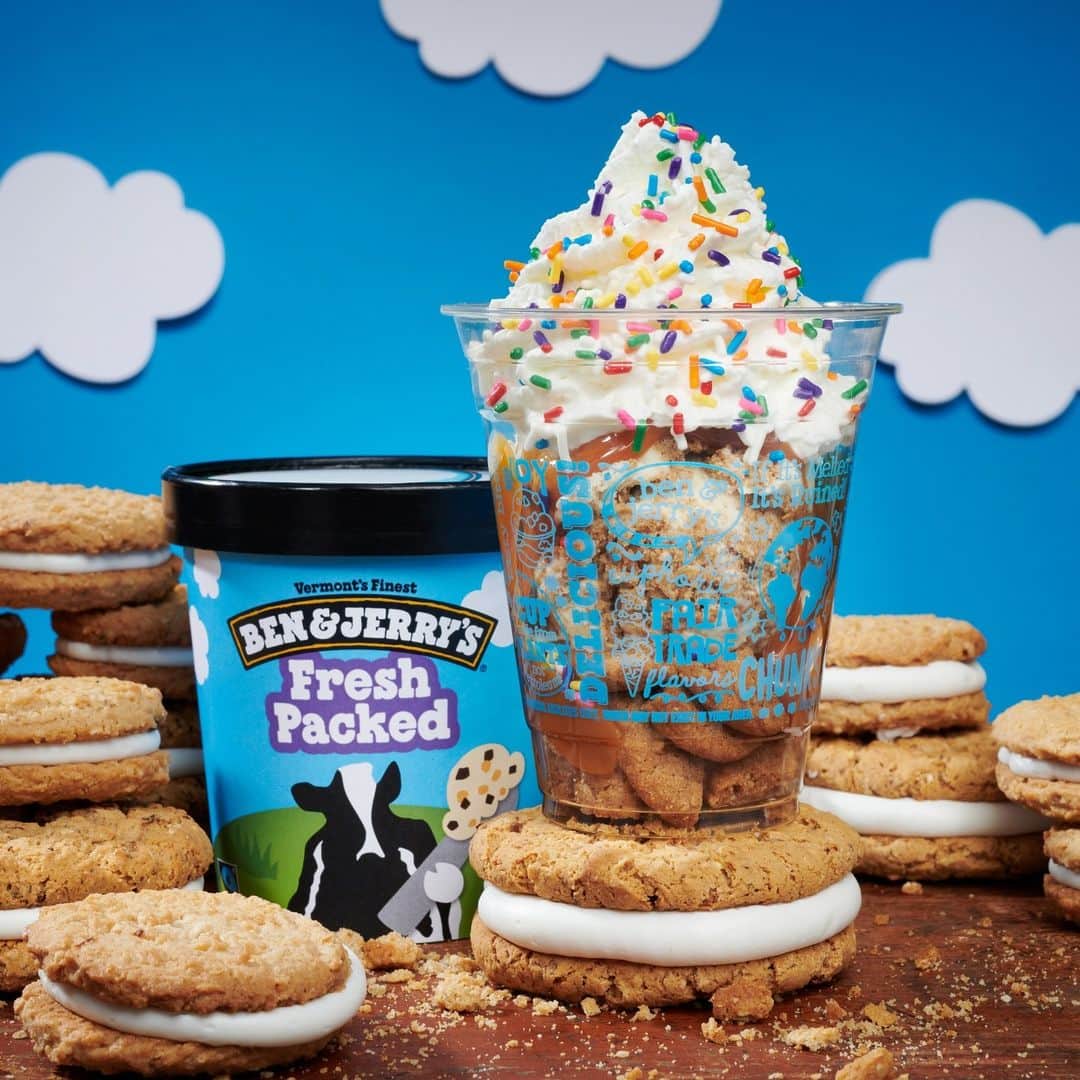 Ben & Jerry'sのインスタグラム：「🍦 Oatmeal Dream Pie ice cream has oatmeal crème pie ice cream with #glutenfree oatmeal cookies & marshmallow swirls.  🍨 The Oatmeal Dream Pie Sundae has gluten-free cookies, Oatmeal Dream Pie ice cream, caramel sauce, fresh whipped cream, & rainbow sprinkles.  📍 Find your nearest shop at the link in our bio!」