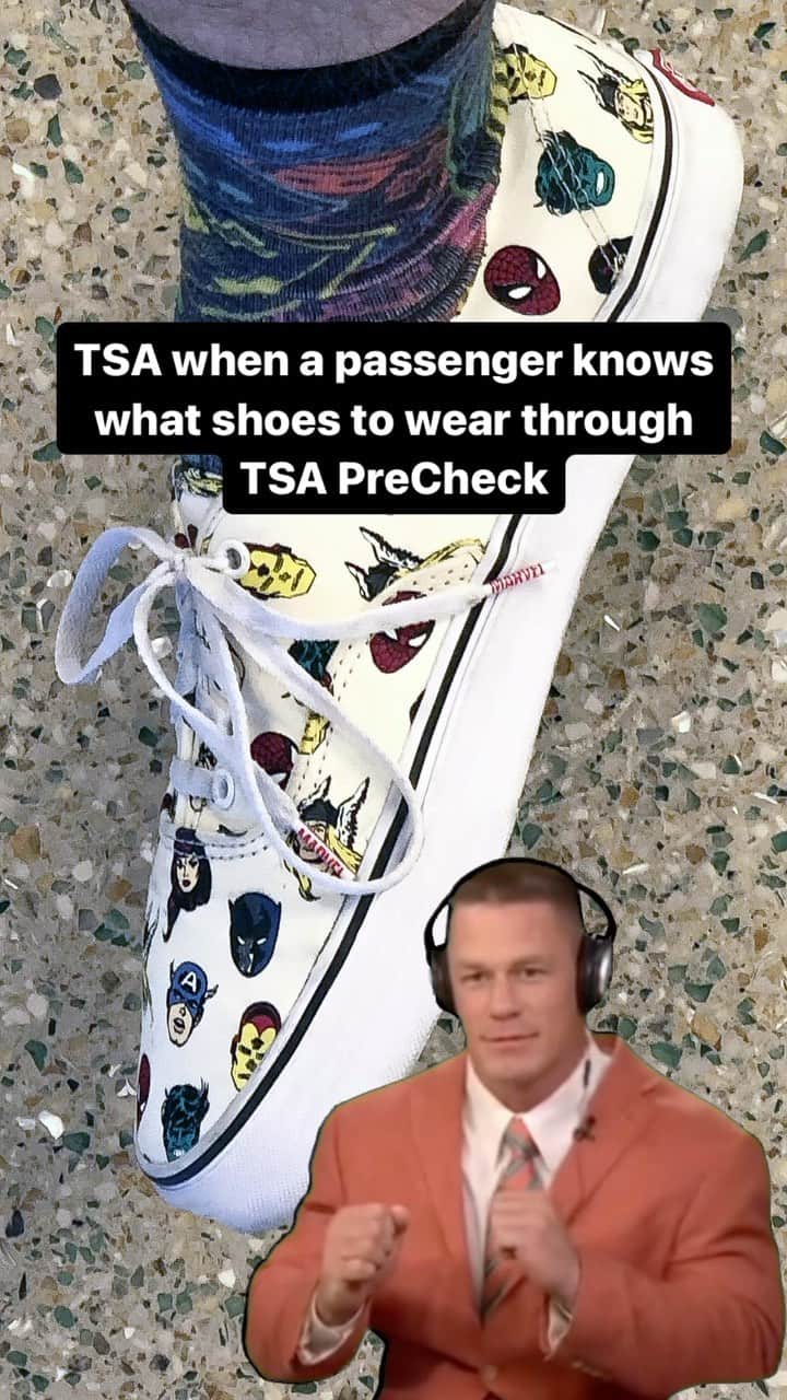 アメリカ運輸保安局のインスタグラム：「Has TSA PreCheck been your superhero?  With great power comes great responsibility… to travel with ease! So, don’t let your shoes be an airport anti-hero. It’s always a Marvel-ous idea to wear Groot metal free kicks. We think somewhere in that last statement you’ll find a bit of Iron-y.  If you haven’t already applied for TSA PreCheck Hulk Smash the link in our bio. We’re sure once you’re able to fly using all its travel perks, you’ll feel like your own caped crusader.  #johncena #superheroday #tsaprecheck」