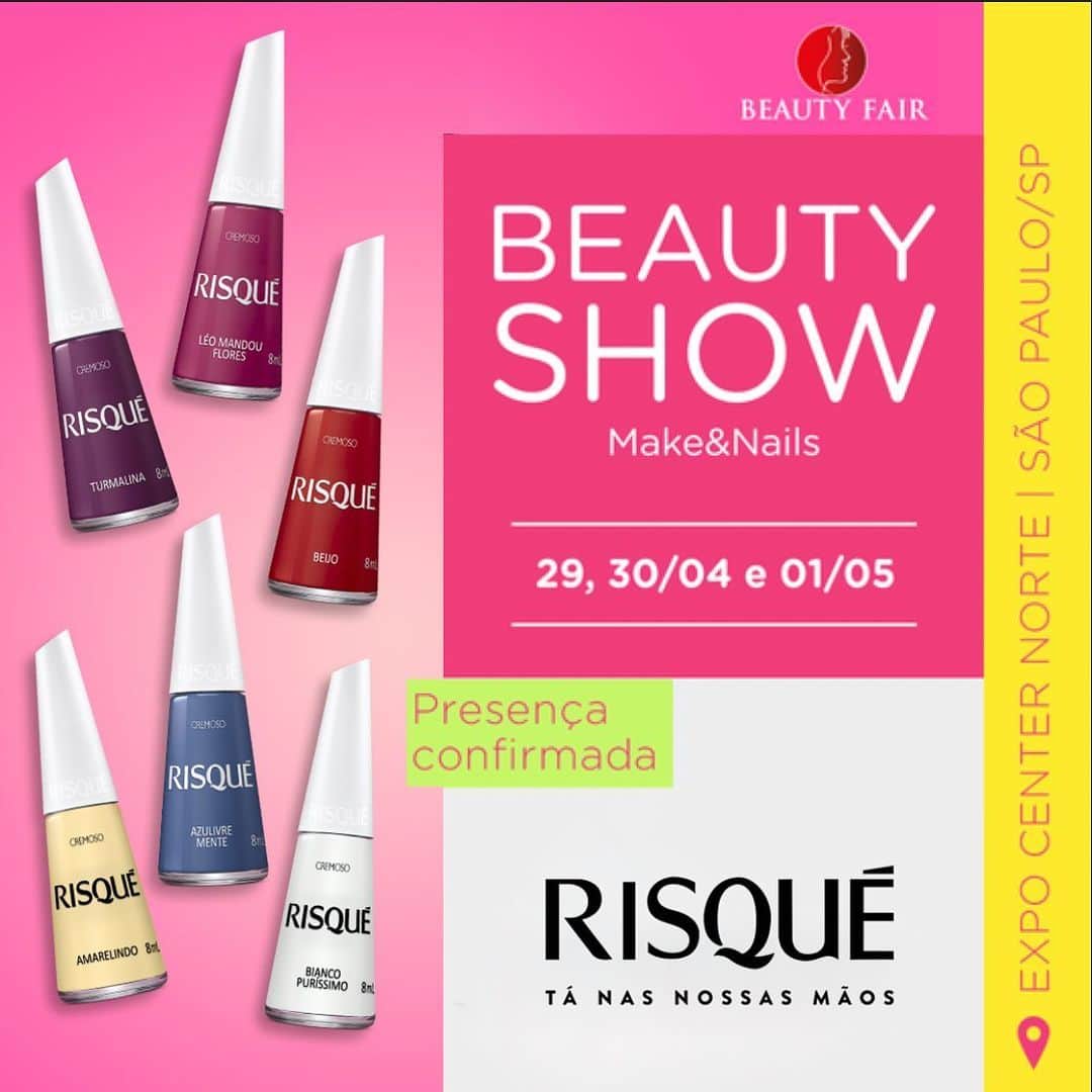 Risqueのインスタグラム：「O maior encontro de pessoas que amam o universo de esmaltes está chegando e não poderíamos ficar de fora! 💅 De 29 de abril a 01 de maio estaremos na Beauty Show com um espaço super especial. E ainda, somos patrocinadores do Congresso de Unhas e preparamos palestras imperdíveis para vocês. Não perca! Venha visitar o espaço Risqué na Beauty show.  #BeautyShow #EsmaltesRisqué #TáNasNossasMãos #BeautyFair」