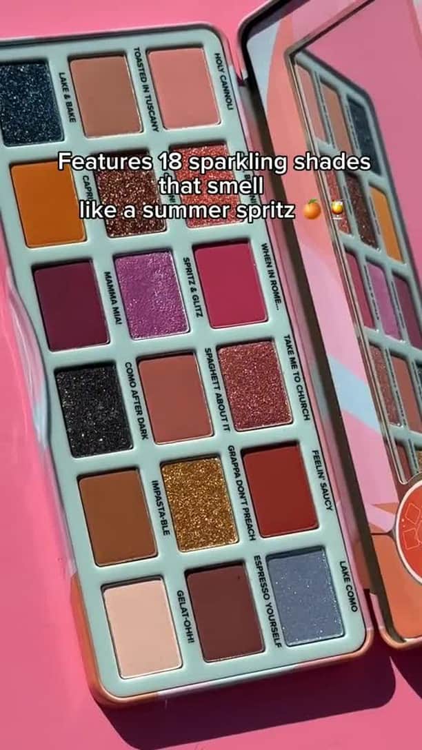 Too Facedのインスタグラム：「✈️ Transport yourself to Italy with 18 multi-finish sparkling shades inspired by our favorite summer cocktail in our NEW ITALIAN SPRITZ EYESHADOW PALETTE! 🍊✨😉 #toofaced #eyeshadow #eyeshadowpalette #makeup #beauty」