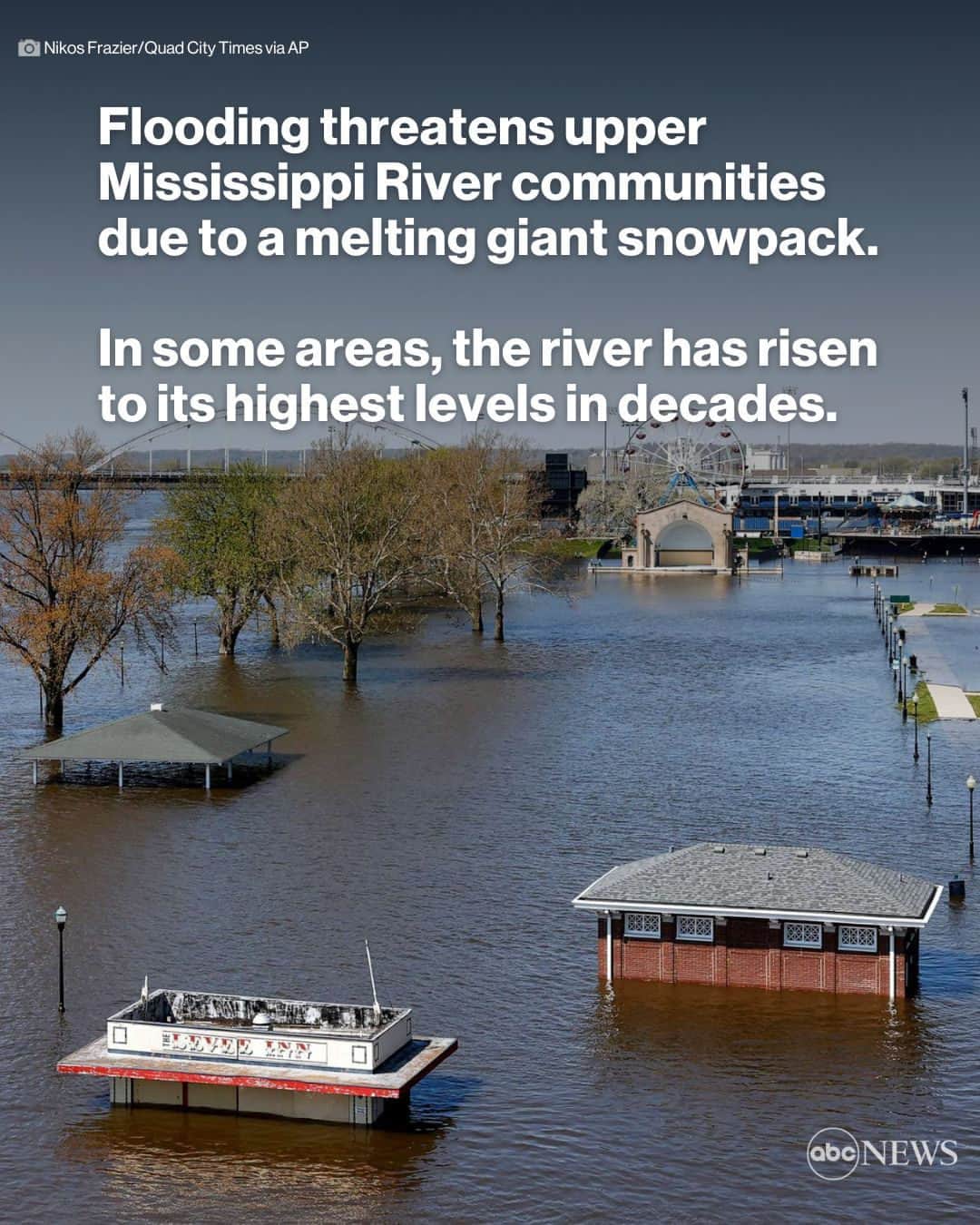 ABC Newsさんのインスタグラム写真 - (ABC NewsInstagram)「The Mississippi River is cresting in the north to dangerous levels, while the water continues to rise downriver in the Midwest.  32 gauged locations along the Mississippi River are in, or forecast to be in, a major flood stage across four states—Minnesota, Wisconsin, Iowa and Illinois. MORE AT LINK IN BIO.」4月29日 6時01分 - abcnews