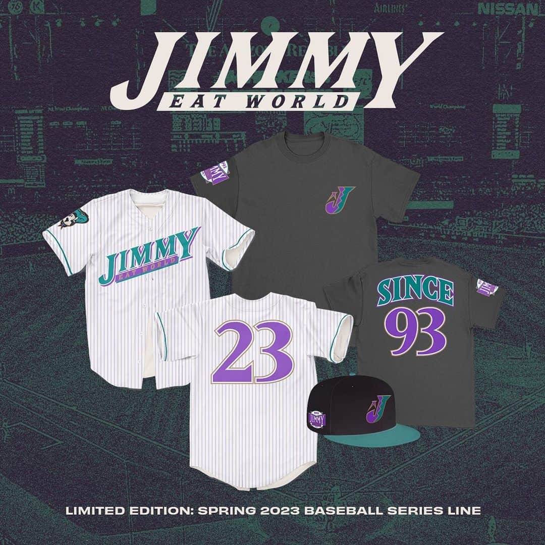 Jimmy Eat Worldさんのインスタグラム写真 - (Jimmy Eat WorldInstagram)「To kick off the 2023 season, we’ve got an exclusive new line of limited-edition baseball inspired merch available to pre-order now!   Shirts will begin shipping by the end of May and jerseys/hats will ship in time for All-Star break in mid-June. Check it all out in the official store and pick one up while they last!  (If you’re playing spot the difference, the hats are custom made and not new era.)」4月29日 6時11分 - jimmyeatworld