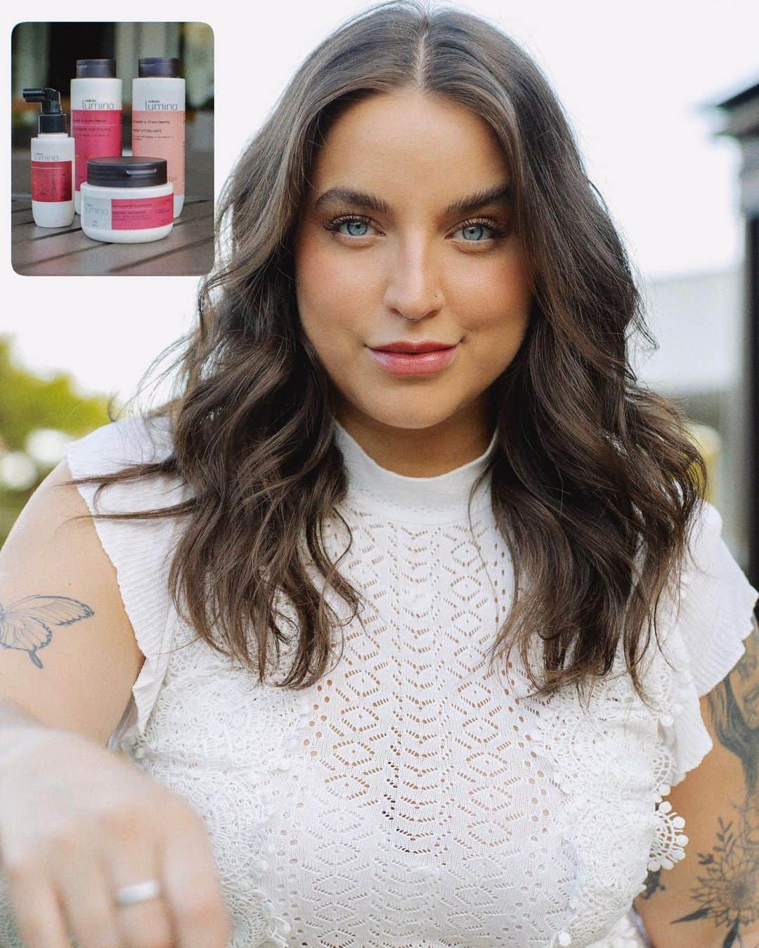 Bruna Unzuetaのインスタグラム：「Vivemos diariamente testando a nossa saúde capilar, e por esse motivo,  Natura Lumina tem diversas linhas de tratamento que tratam nossos fios, assim como eles merecem. E hoje os meus fios pedem a linha antiqueda e crescimento, que me ajuda a tratar meus fios, promovendo um crescimento saudável. Ela atua em múltiplos fatores responsáveis pela queda, acelera 3x o crescimento proporcionando um couro cabeludo nutrido e reequilibrado, além de combater a queda em apenas 8 semanas.   Conheça esse e outros tratamentos de Natura Lumina, no site da @naturabroficial   #NaturaLumina #publi」