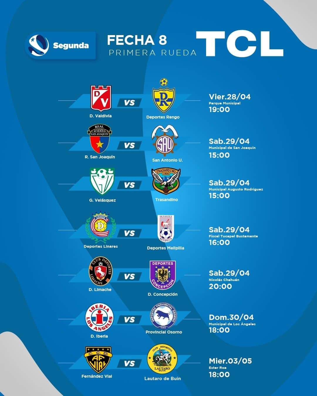 サッカー チリ代表チームのインスタグラム：「⚽️💯 Se viene con todo la #Fecha8 de la #SegundaDivisión  Presentada por @tcl.cl   Revisa días y horas 📆⌚️」