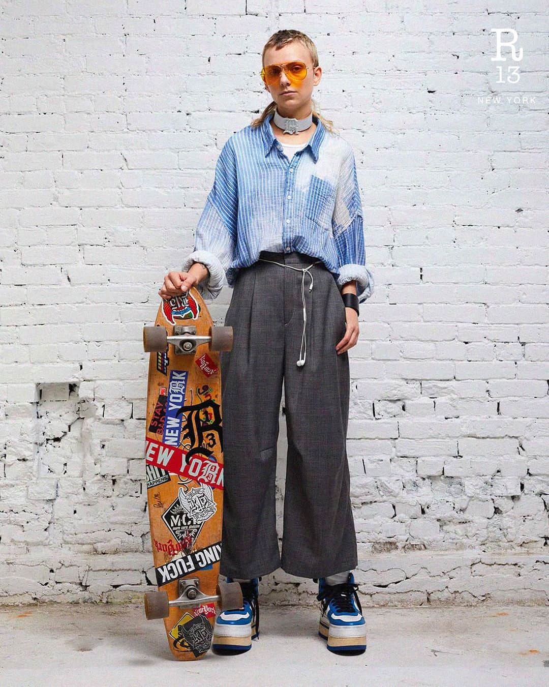 アールサーティーンのインスタグラム：「Bleached Blue Pinstripe with the Spring/Summer collection artfully undermines traditional business attire.  Available at r13.com and our flagship at 34 Howard Street, NY.  #r13 #r13denim #skate」