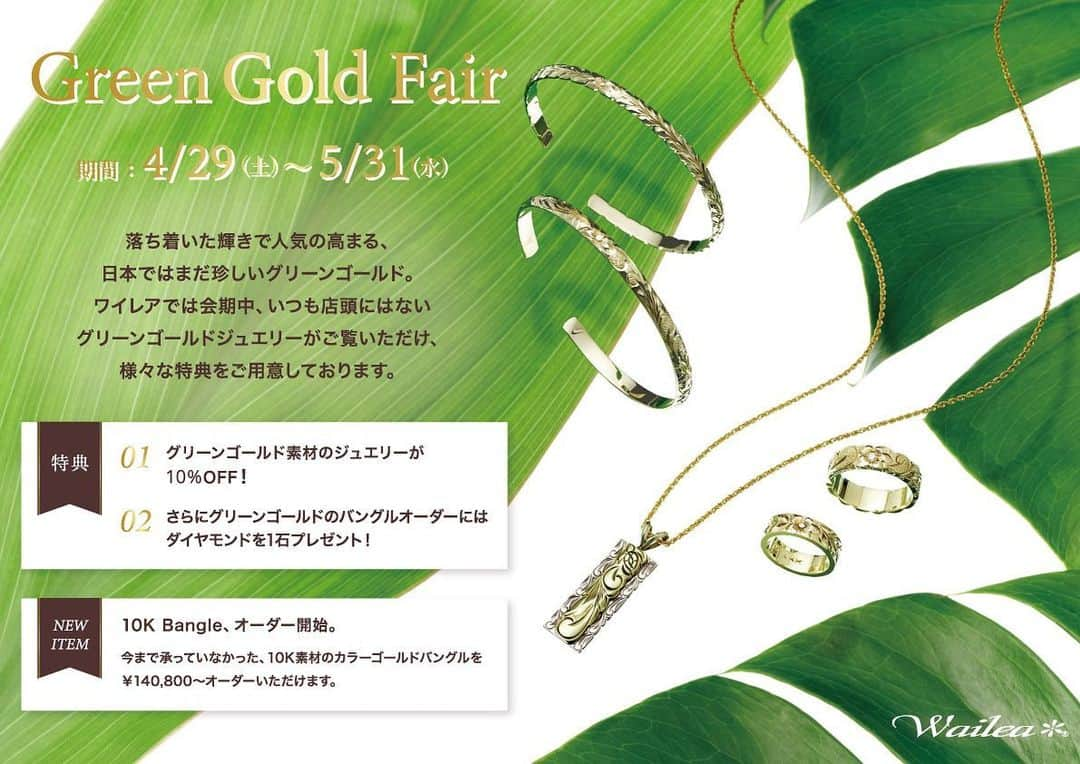 ハワイアンジュエリーのWailea（ワイレア）さんのインスタグラム写真 - (ハワイアンジュエリーのWailea（ワイレア）Instagram)「Wailea Green Gold Fair　本日より開催！！ 2023年4月29日(土)→5月31日(水) ー　全店舗で開催予定　ー  Wailea Green Gold Fair 開催のお知らせ！！  特典01_グリーンゴールド素材のジュエリーが10%OFF!  特典02_さらにグリーンゴールドのバングルオーダーにはダイヤモンドを一石プレゼント！  NEW ITEM_今まで承っていなかった、10K素材のカラーゴールドバングルを¥140,800〜からオーダー頂けます！  ＜グリーンゴールドについて＞  グリーンゴールドは金と銀の合金で、若草色のような爽やかな緑味を帯びたカラーゴールドです。自然色かつ優しい色合いからどんな場面でも身に着けられ、ジュエリー本場のヨーロッパでは古くから使われています。  また、他のどのカラーゴールドとの相性も良く色を引き立たせてくれるので、2～3色を組み合わせたコーディネートもおすすめです。  グリーンゴールドには「疲れた心を癒す」「魔除け」などの意味があり、一度決めたことを達成させるお守りになると言われています。  #wailea #ワイレア #ハワイアンジュエリー #hawaii #ハワイ #グリーンゴールド #greengold」4月29日 10時30分 - wailea.hawaii