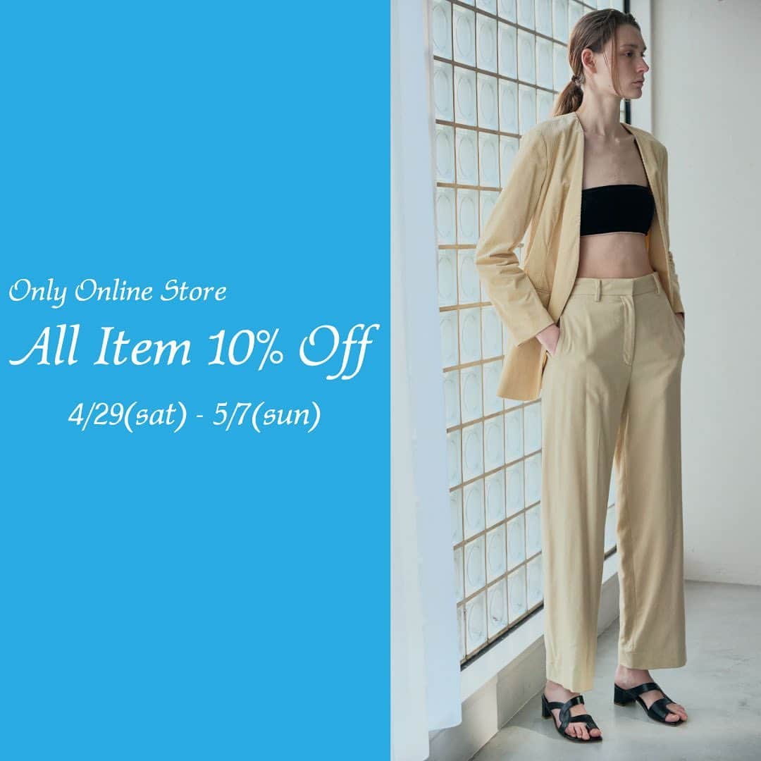 のインスタグラム：「GWスペシャル！ 公式オンラインストア限定・全商品10%OFFキャンペーン開催！  4月29日（土）〜5月7日（日）まで、オンラインストア掲載商品を全て10%OFFでご購入いただけます。 入荷したばかりのアイテムや人気定番アイテムまで、どの商品もお得にお求めいただけるスペシャルな期間になります。 是非この機会にオンラインストアにてお買い物をお楽しみください！  オンラインストアにはプロフィール欄のリンク先からとんでいただけます！」