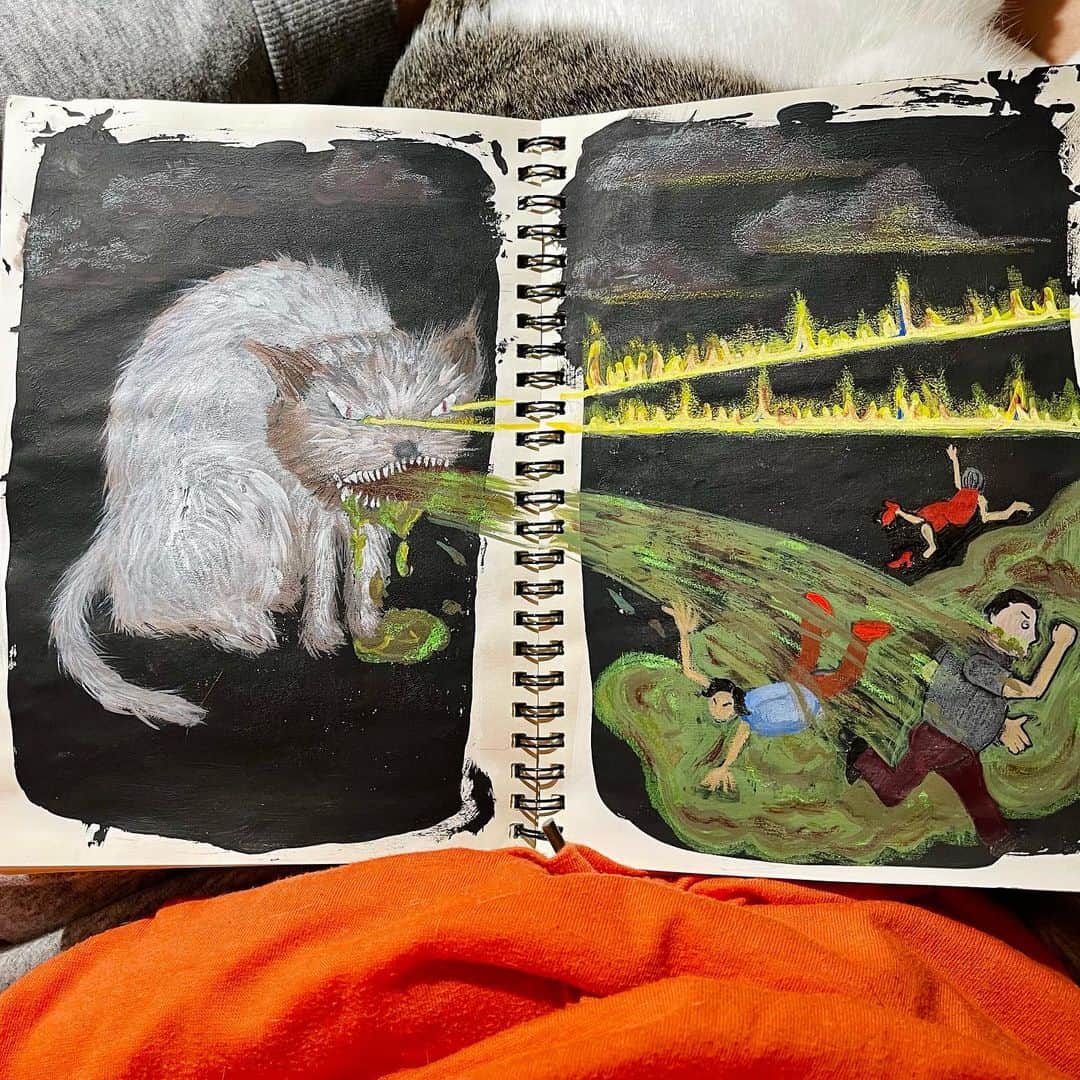池田有希子のインスタグラム：「いねちゃんがポキャをした（嘔吐した）ので描きました。  #sketchbook #acrylicpainting」