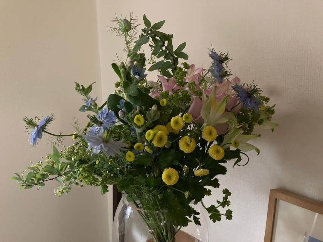 土井コマキのインスタグラム：「春の草花が、のびのび呼吸してるような花束。360度のブーケ。びっくりするほど可愛かった。今さらの投稿。」