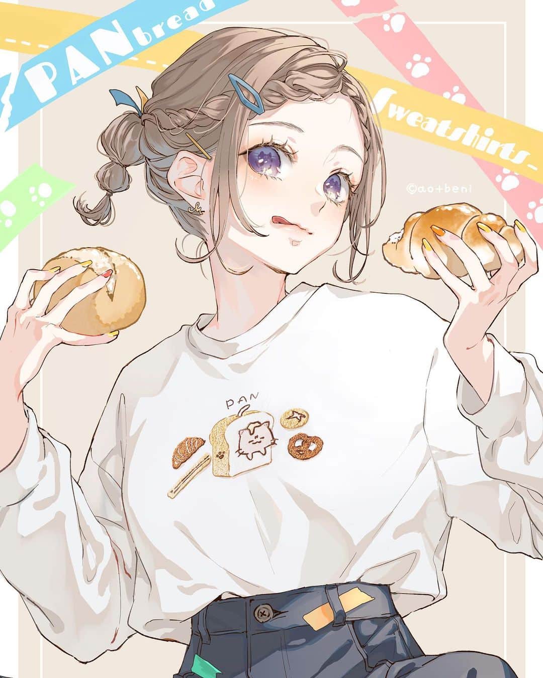 青十紅のインスタグラム：「🐾みけんねこPANトレーナー🍞 着用モデル：マステちゃん  @frown.cat   ☑︎アクリルアートになりました ☑︎マステちゃんグッズあります ☑︎おんなじトレーナー買えます . .. ... #oc #art #illustration #drawing #kawaii #digitalart #design #fashion  #イラストレーター #イラストグラム  #絵 #画 #創作 #オリジナル #オリジナルデザイン」