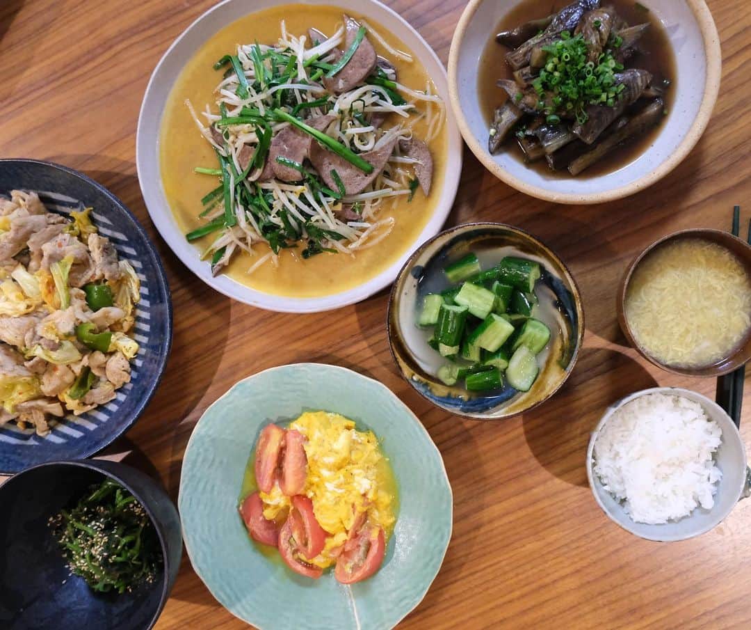 愛甲千笑美のインスタグラム：「どう考えてもおかず作りすぎた日🍳  -回鍋肉 -レバニラ -ナス揚げ浸し -卵とトマトの中華炒め -ほうれん草ナムル -卵スープ -愛甲家の味付けきゅうり  レバニラがめっちゃおいしくて感動した(自画自賛)  豚レバーは調理する前に 氷水に10分浸すと臭みがなくなっておいしいよ😌  もちろん食べきれなくて 次の日もたべました〜！  #自炊」