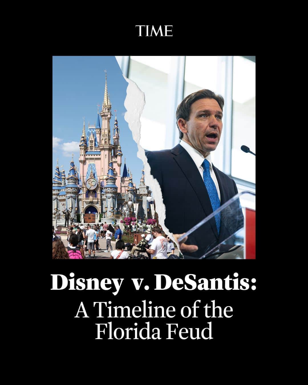 TIME Magazineのインスタグラム：「Earlier this week, Walt Disney Co. sued Gov. Ron DeSantis, alleging that the Florida governor engaged in a political effort to hurt its business. It’s the latest escalation in a dispute that started more than a year ago.  DeSantis’s criticism of Disney over its perceived liberal agenda, like backing LGBTQ+ rights and other social issues, has struck a chord with conservative voices. Yet he’s also faced criticism for taking things too far. Disney is one of Central Florida’s top taxpayers, contributing more than $1.1 billion in state and local taxes last year, and it’s one of the largest employers in the state with tens of thousands of workers.  For the full timeline of the feud, visit the ̶h̶a̶p̶p̶i̶e̶s̶t̶ ̶p̶l̶a̶c̶e̶ ̶o̶n̶ ̶E̶a̶r̶t̶h̶ link in bio.  Photographs by Getty」