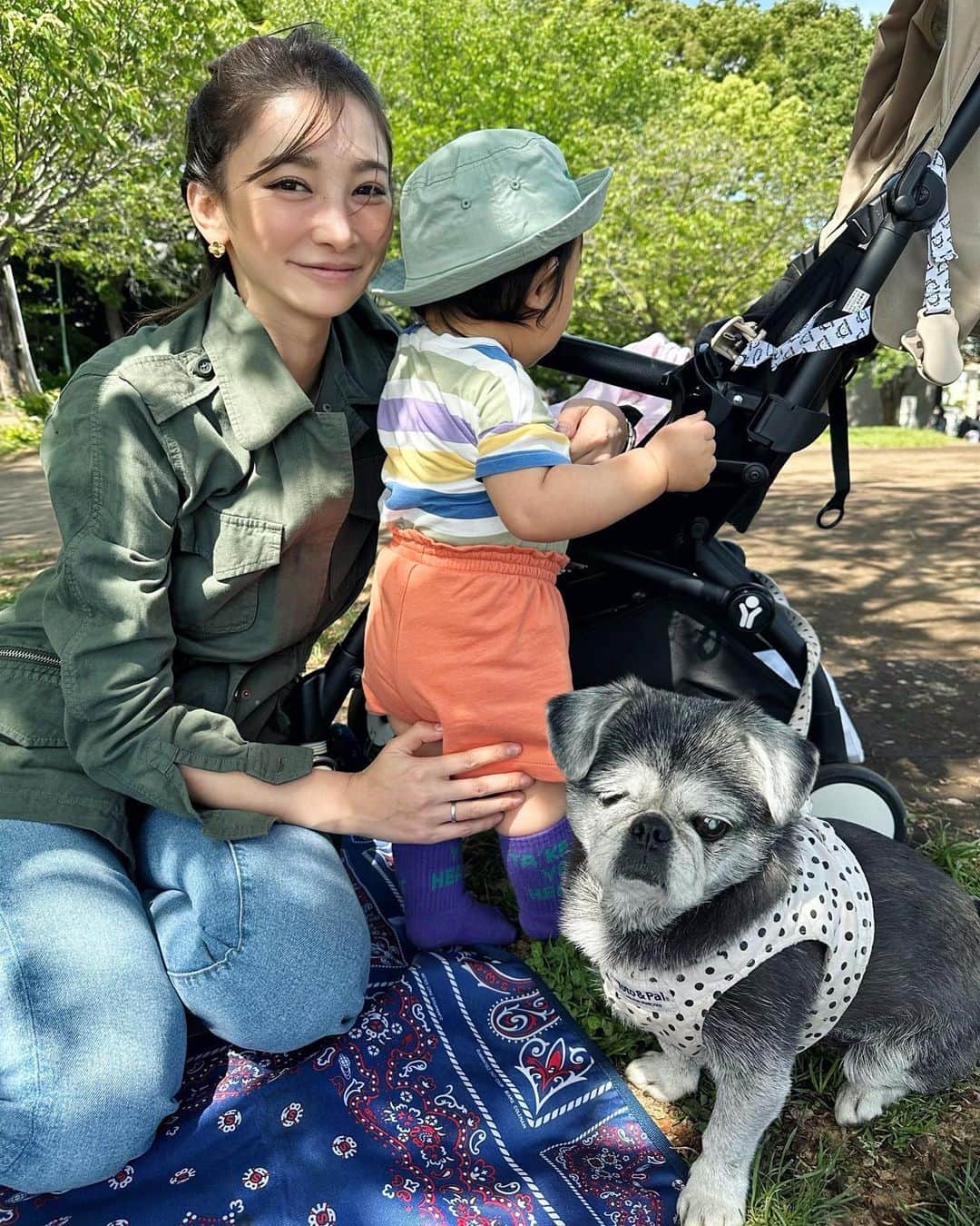 里海のインスタグラム：「🌳🌱🌿🍃☘️ カラオケが🎤大好きな私達は ピクニック🧺音楽も YouTubeで30代40代が聴く歌謡曲っていうのを 流してます😂  ビタミンDは、日光☀️を浴びることによって皮膚で合成される特徴があるビタミンなので  毎日子供とプーちゃんがビタミンD不足にならないように お外に出ています  ビタミンDは腸管からのカルシウム吸収を助け、カラダ作りをサポートするビタミンなので 丈夫な骨作り、免疫力アップ！など とっても大切！  なんだか私は栄養オタクになり 子供への食事作りにも 細かく栄養価を調べています！ これまた新たな発見がたくさんあり 楽しいんです！ 自分がこんなに変わるとは 思ってもいなかったので  驚きです…🫣」
