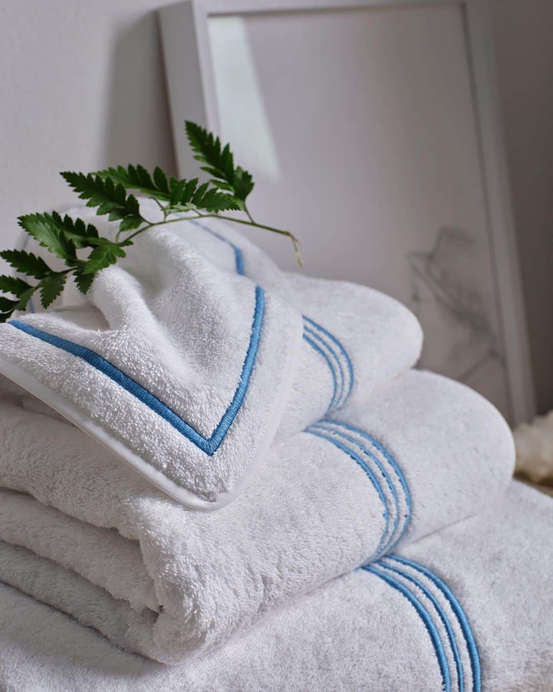 フレッテのインスタグラム：「Add vibrancy to the bath with reimagined Triplo Bourdon towels, adorned with Lagoon Blue embroidery for the Spring/Summer season.   #Frette #FretteEsploratore」
