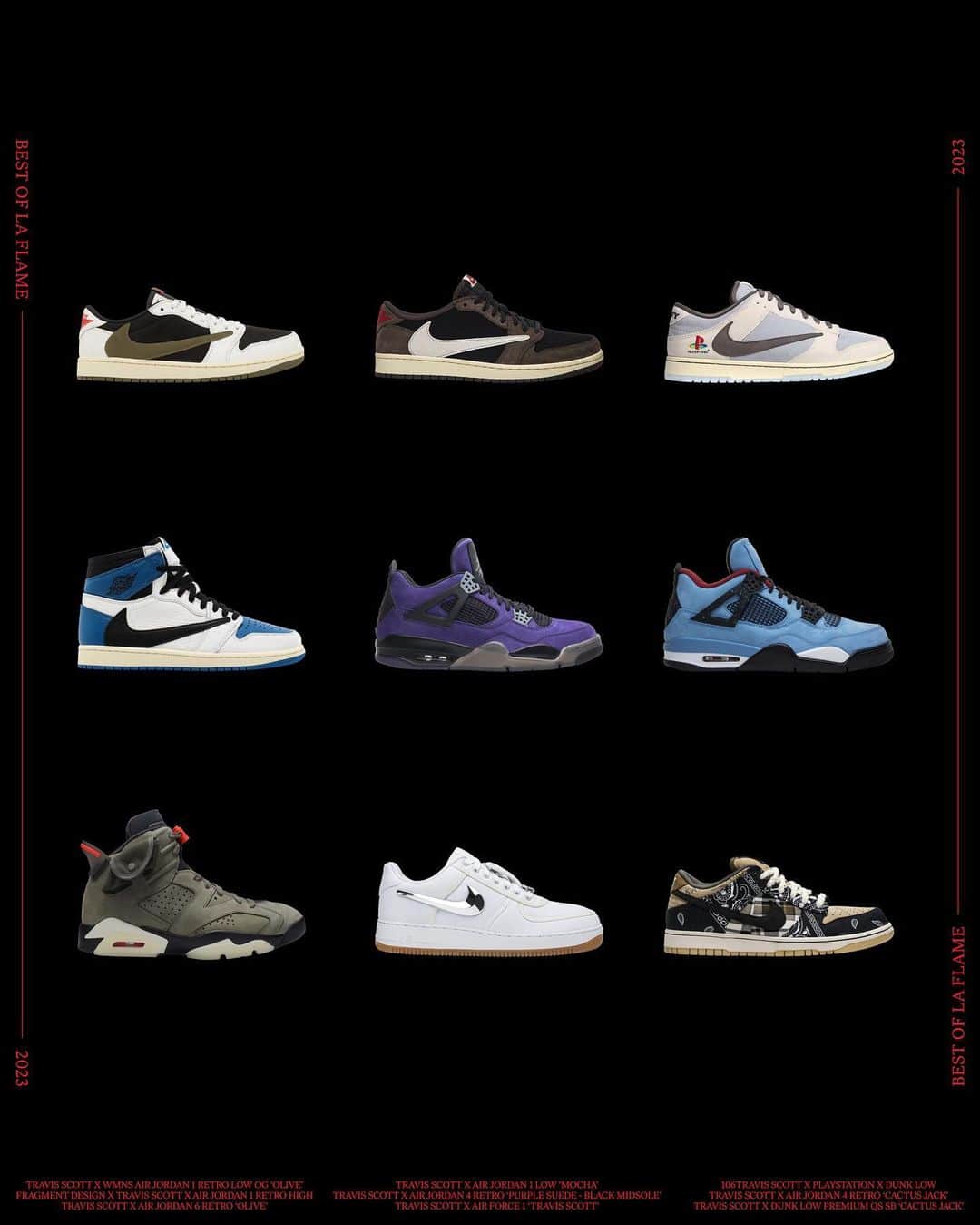 Flight Clubのインスタグラム：「Best of La Flame. Travis Scott's unique vision has produced some of history's most sought-after releases, from recent Jordan collabs to coveted SB Dunks and AF1s. Explore every colorway from his prolific Nike partnership now at Flight Club.」