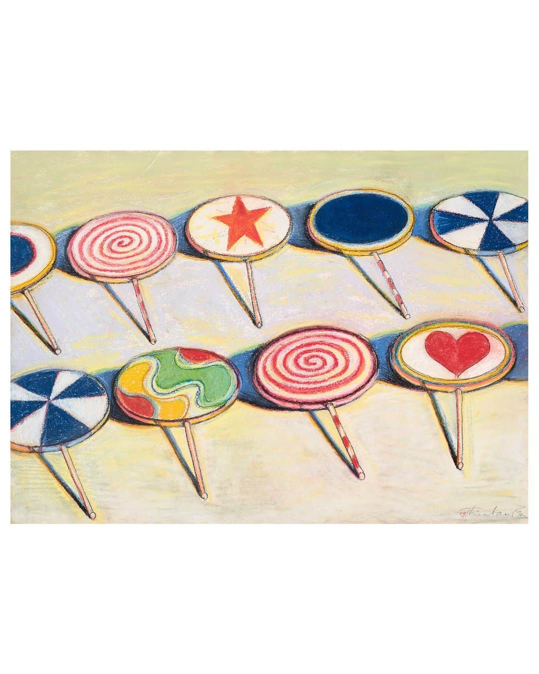 クリスティーズのインスタグラム：「A sweet late addition to the May 20th century evening sale!   Wayne Thiebaud’s ’Nine Lollipops’ was painted in 1970 alongside the iconic cakes and pies that brought him fame as one of the leading artists of his generation. The lollipops have proven to be a long-running and beloved subject. In ‘Nine Lollipops,’ Thiebaud creates a particularly opulent and rich example of this popular and beloved theme. He delights in the candy’s design, where the patterns and colors provide a visual playground for the artist’s imagination.  In the present work, Thiebaud conjures up the abundance of simple treats as if experienced by a child, who is tasked with the job of picking just one lollipop from the bunch. Thiebaud spoke of his beloved subject of sweets, “[My subject matter] was a genuine sort of experience that came out of my life, particularly the American world in which I was privileged to be. It just seemed to be the most genuine thing which I had done.”  We are thrilled to announce  this addition to our 20th Century Evening Sale this May!   See this work and more on view now at our Rockefeller Center galleries!」