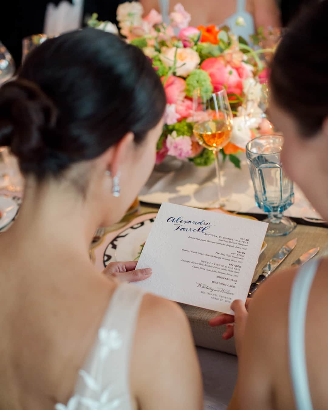 Ceci Johnsonのインスタグラム：「TFW you see your reception details for the very first time. 🤍   Tap the link in our bio to see all the event details featured in @VogueWeddings! From a black-tie affair to a Coachella-themed after-party. ✨   Invitation Design + Event Branding @cecinewyork Custom Watercolor @cecijohnson Venue @sea_island Event Planner @marcyblum Event Designer @toddevents Photography @lizbanfieldwed Videography @storyboxcinema Shoes @manoloblahnik Dress @oscardelarenta Groom's Attire @lanvinofficial」
