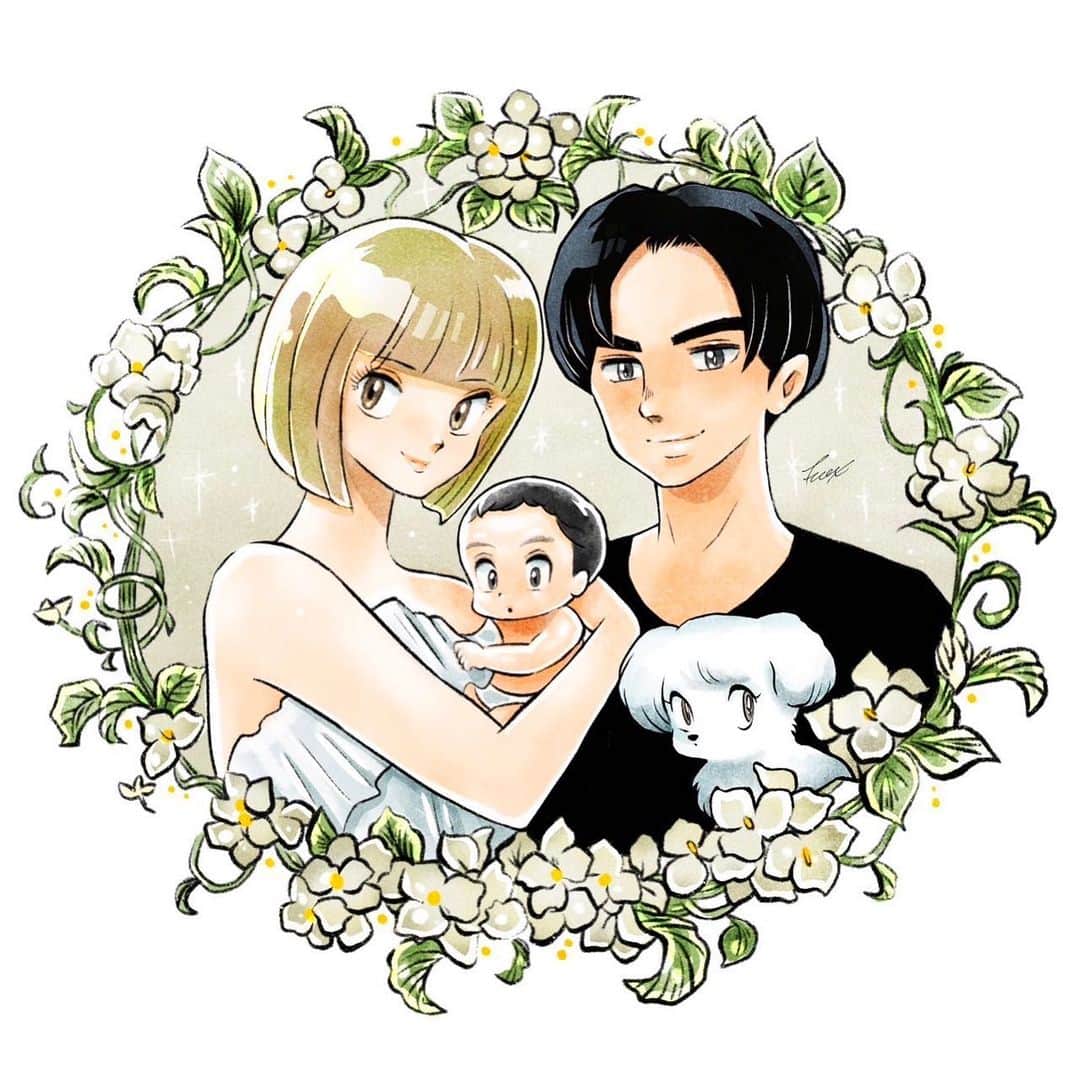 カナのインスタグラム：「🕊️🍼🫧🤍🫶🏻🌼🍃  @fcox_official   #fcox #似顔絵 #家族写真 #高橋留美子風」