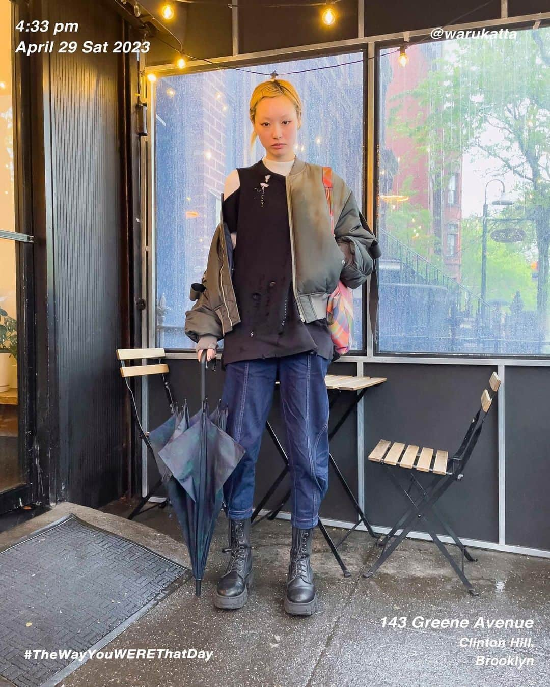 筒井心一のインスタグラム：「Fernanda @warukatta on 143 #GreeneAvenue at 4:33 pm, April 29 Saturday 2023, #ClintonHill #Brooklyn #NewYork  #OutfitOfTheDay = #TheWayYouWEREThatDay  #TWYWTD #ShinichiTsutsui」