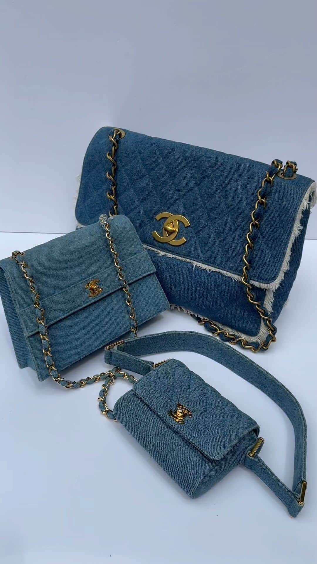 のインスタグラム：「Vintage Denim Bags ♡  Product code  Maxi Shoulder Bag : 61782 Trapezoid Flap Bag : 48829 Micro Shoulder Bag : 87033  #chaneldenimbag #chanelvintage #chanelbag #chanellove #chanelclassic」