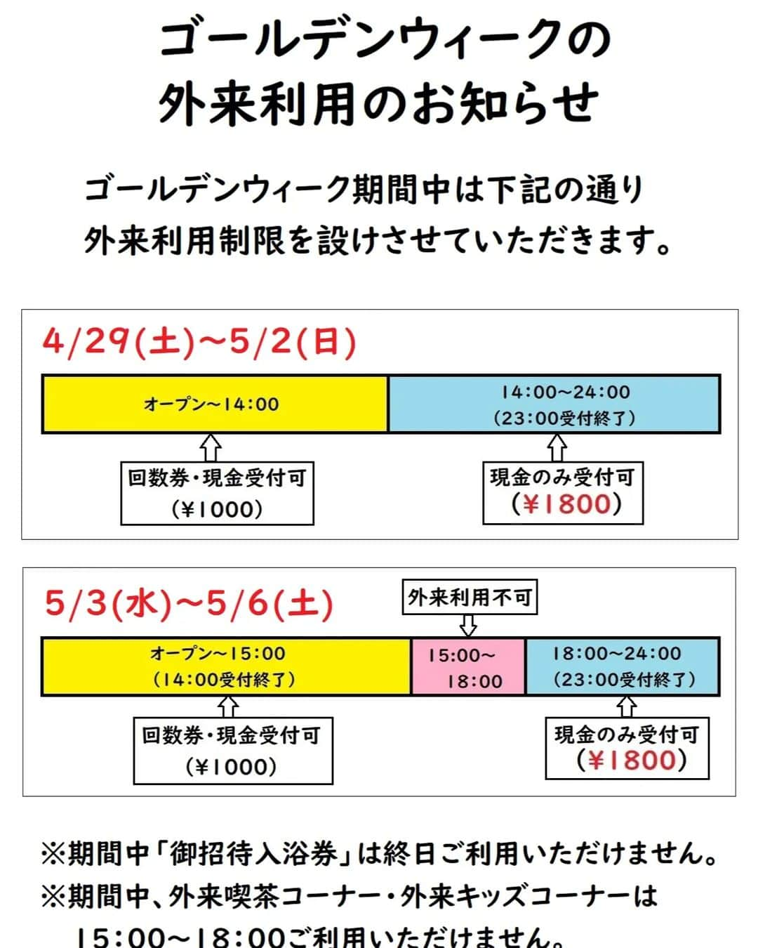 ホテル南風楼さんのインスタグラム写真 - (ホテル南風楼Instagram)「いつもホテル南風楼をご利用いただきありがとうございます。  ゴールデン期間混雑緩和のため画像の通り外来利用制限を設けさせていただきます。  皆様のご理解とご協力お願いいたします。 ――――――――――――――― . ◇ご予約・お問い合わせ◇ 0957-62-5111 （受付時間 9：00〜18：00） ・ ◆#ホテル南風楼  と付けて投稿すると、こちらの アカウントなどで紹介させていただくことがございます。 ・ ◇お知らせ◇ 大浴場のご利用は、土曜日は15時〜18時がご宿泊の方の時間となって おりますのでご注意ください。 ・ ◇お知らせ◇ ホテル南風楼では素敵なウェディング会場もございます。 ウェディング公式Instagramアカウントです。 →@hotel_nampuro_wedding  ぜひご覧ください。 ・ ※新型コロナウイルス感染予防の対策につきましては プロフィールのURLからご覧いただけます。 ・ ―――――――――――――――――――― ・  #日帰り旅行 #日帰り温泉  #島原温泉  #タビジョ　#秋旅 #ひとり旅女子 #長崎県 #島原市  #shimabara #サ活男子 　#ホカンス #サ活 　#長崎旅行　#長崎ホテル　#nagasaki　#ひとり旅 #サウナー #絶景サウナ #オーシャンビュー #オーシャンビューホテル  #ホテルステイ #秋旅行 #長崎サウナ  #サ活 #サ活女子 #サウナ #サウナ女子 #サウナ男子 #整う#ホテル南風楼」4月30日 14時30分 - hotelnampuro