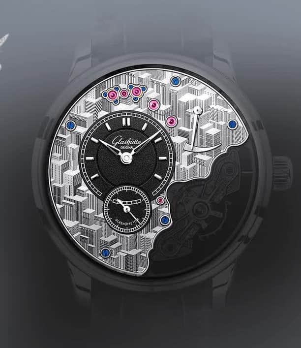 のインスタグラム：「Our PanoInverse literally turns the traditional art of watchmaking upside down: the extraordinary construction of its movement allows the inner beauty of this timepiece to be displayed and admired on the dial side of the watch. This is why the urban structure of our new Limited Edition fits so well with this line. The skyline is a symbol of modernity, of technical progress and visions that set standards – just like the PanoInverse. Proud to be the Original.  #GlashütteOriginal #GlashuetteOriginal #ptbto #Pano #PanoInverse #newrelease #novelty #GONovelties2023 #LimitedEdition #PlatinumWatch #UrbanStyle」