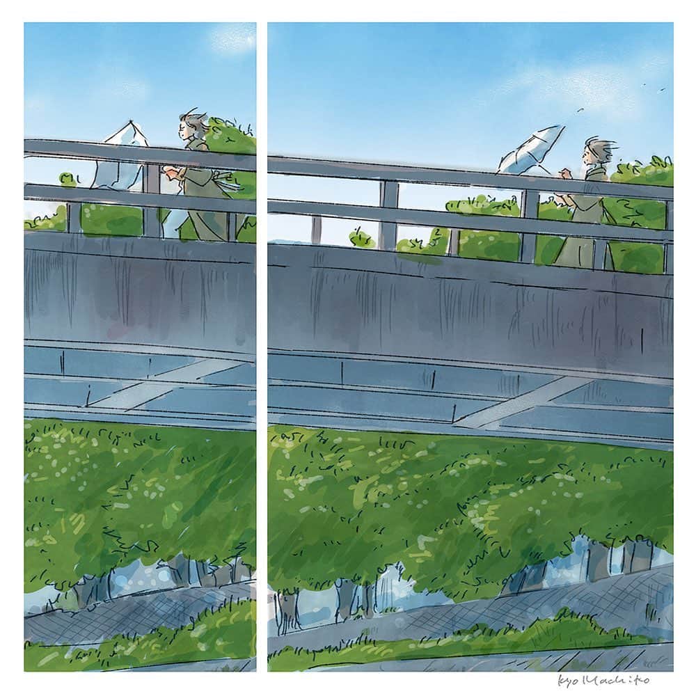 のインスタグラム：「Crossing the bridge, April 25, 2023 / 2023年4月25日、橋を渡る  #今日マチ子 #kyomachiko #今日町子」