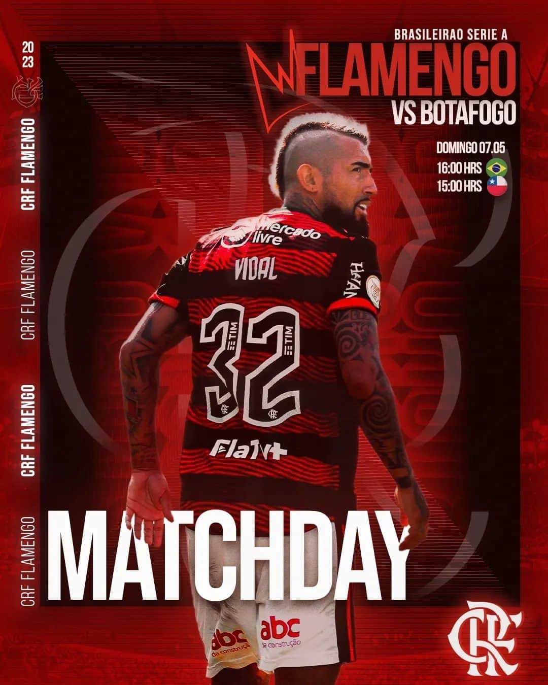 アルトゥーロ・ビダルのインスタグラム：「VAMOS MENGAO 🔴⚫  Hoy a morir por los 3 puntos en el Maracaná junto a nuestros hinchas!! 💪👌🫅🏽  15:00 🇨🇱 16:00 🇧🇷  #FLAxBOT #VamosFlamengo」