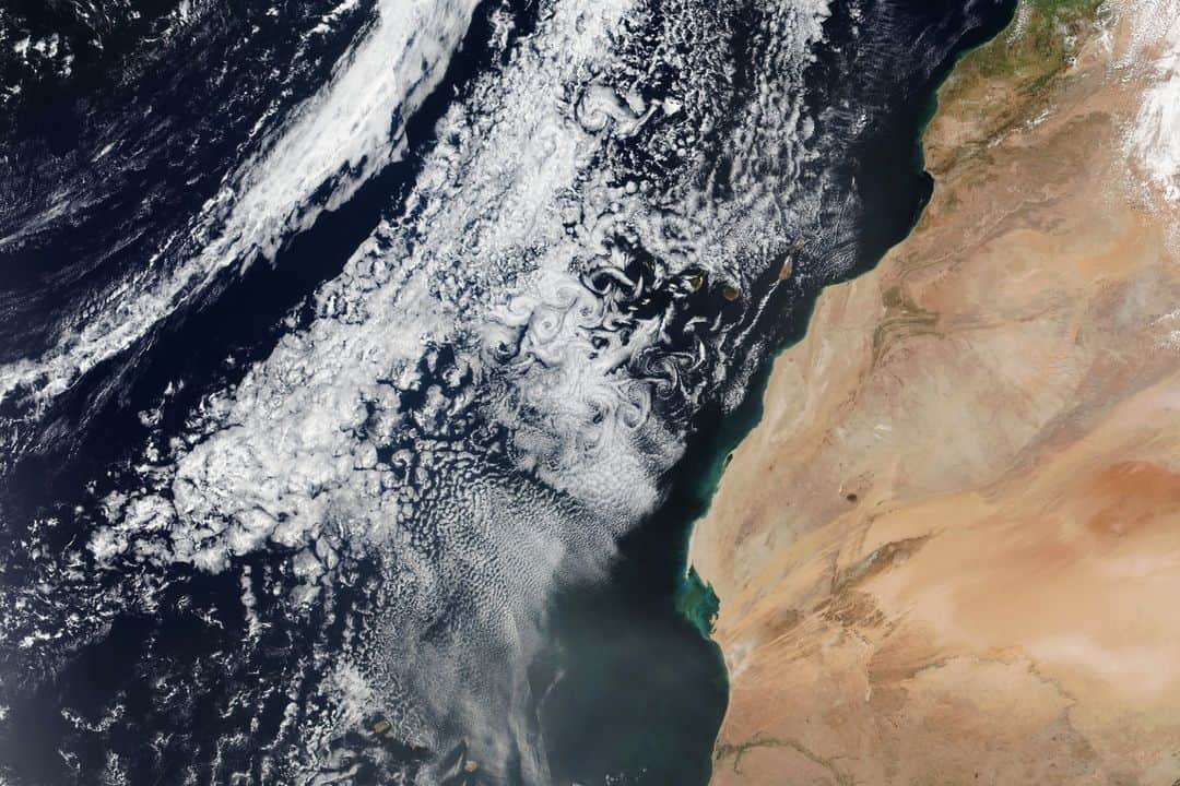 NASAさんのインスタグラム写真 - (NASAInstagram)「Much like water, the atmosphere is in constant motion!  While it’s not always visible to the naked eye, sometimes clouds can show us the movement of the air.  These swirling clouds spotted near the Canary Islands are known as von Kármán vortices. They happen when airflow splits around an object and creates a swirling eddy downstream. In this case, the tall volcanic peaks of the Canary Islands caused the swirling pattern of clouds.  Image Description: Satellite image of the coast of Morocco, south of the Canary Islands. Swirls of white, puffy clouds are in the center, surrounded by more circular puffs of clouds that fill almost the whole image. The dark blue ocean peaks through. In the right corner, is the brown coast of Morocco. #Space #NASA #Earth #Clouds」5月1日 0時04分 - nasagoddard