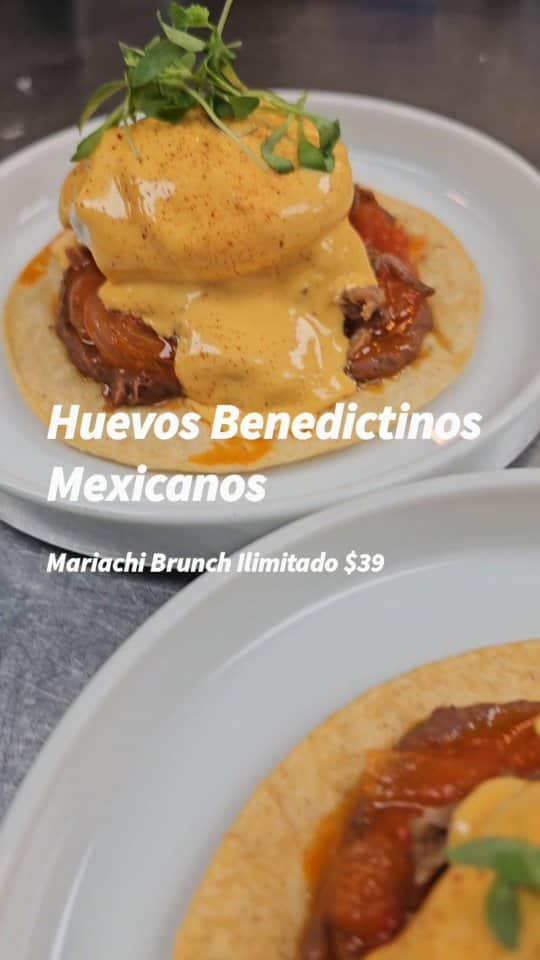 Cesar Gonzalez Cocineroのインスタグラム：「Huevos Benedictinos Mexicanos paso a paso, te gustaría probarlos? Sobre una tortilla de maíz bien crujiente añadimos un puré de frijoles espectacular, Salsa roja a base de tomates fritos encebollados, Birria de Res, Huevo Pochado, Salsa Holandesa de Chiles ahumados (no picante) y decoramos con chile guajillo en polvo y micro cilantro. Este es uno de los platos del Menú del Mariachi Brunch Ilimitado de todos los domingos en @chabellamiami por $39, son 25 platos de los cuales puedes elegir todo lo que desees comer ilimitado.  También tenemos el menú regular por si no deseas el Brunch, pero si quieres Bebidas Ilimitadas, por tan solo $25 te tomas todas las que desees, Mimosas, Margaritas, Cervezas, sangría y más.  Hoy y todos los domingos de 11:30am a 4pm.  Les INFORMO: Nuestra celebración del 5 de Mayo va estar increíble, les recomiendo celebrar, todo el día tendremos múltiples actividades y ambiente de fiesta con buena comida, para reservar pueden hacerlo en el link de mi biografía. Reserva antes de que estemos full.」