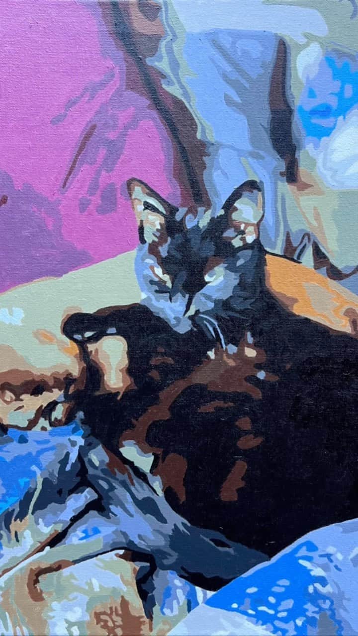 マリヤ・コロレバのインスタグラム：「New paint by numbers of my sweet boys (although it’s hard to spot Ozzy because he blends in with the background lol) 🐈🐈‍⬛ I just love them so much! 🥺  Custom kit is from @canvasbynumbers 🎨 #paintbynumbers」