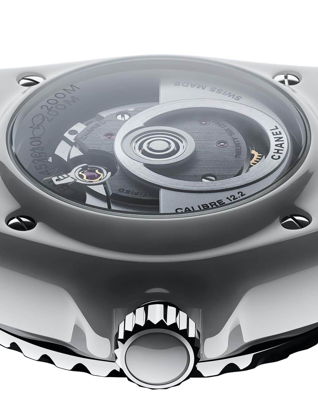 のインスタグラム：「J12. Allure on the inside that shows on the outside. Visible through a sapphire crystal caseback, the Caliber 12.2 movement powers this watch, which was produced and assembled at the CHANEL Manufacture in Switzerland.  Learn more on chanel.com. Link in bio  #J12 #CHANELWatches #ItsAllAboutSeconds」