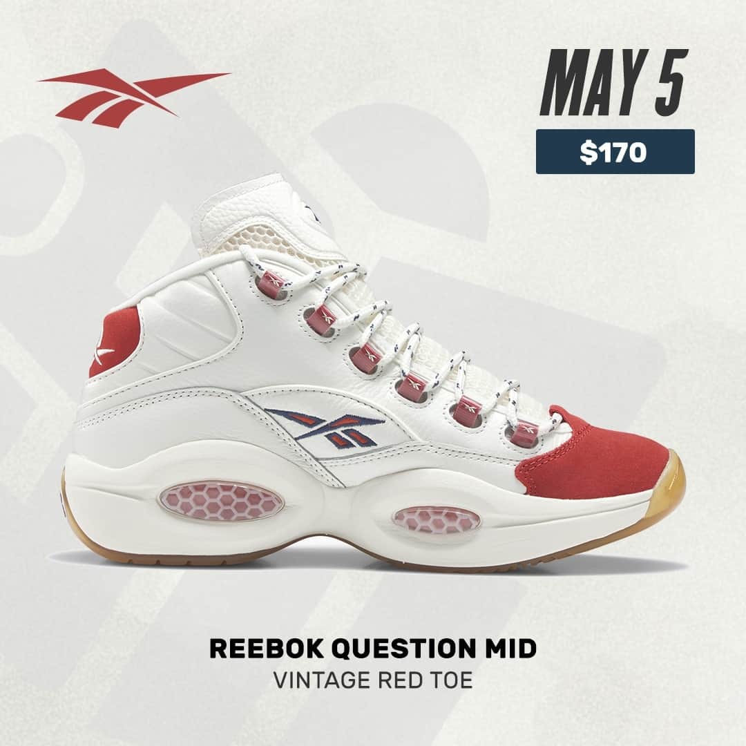 Sneaker Newsさんのインスタグラム写真 - (Sneaker NewsInstagram)「#SNReleaseAlert : The Reebok Question Mid "Vintage Red Toe" is set to release on May 5th ($170) exclusively at Foot Locker; a wider release is scheduled for later this Spring. LINK IN BIO for a first look!」5月1日 5時00分 - sneakernews