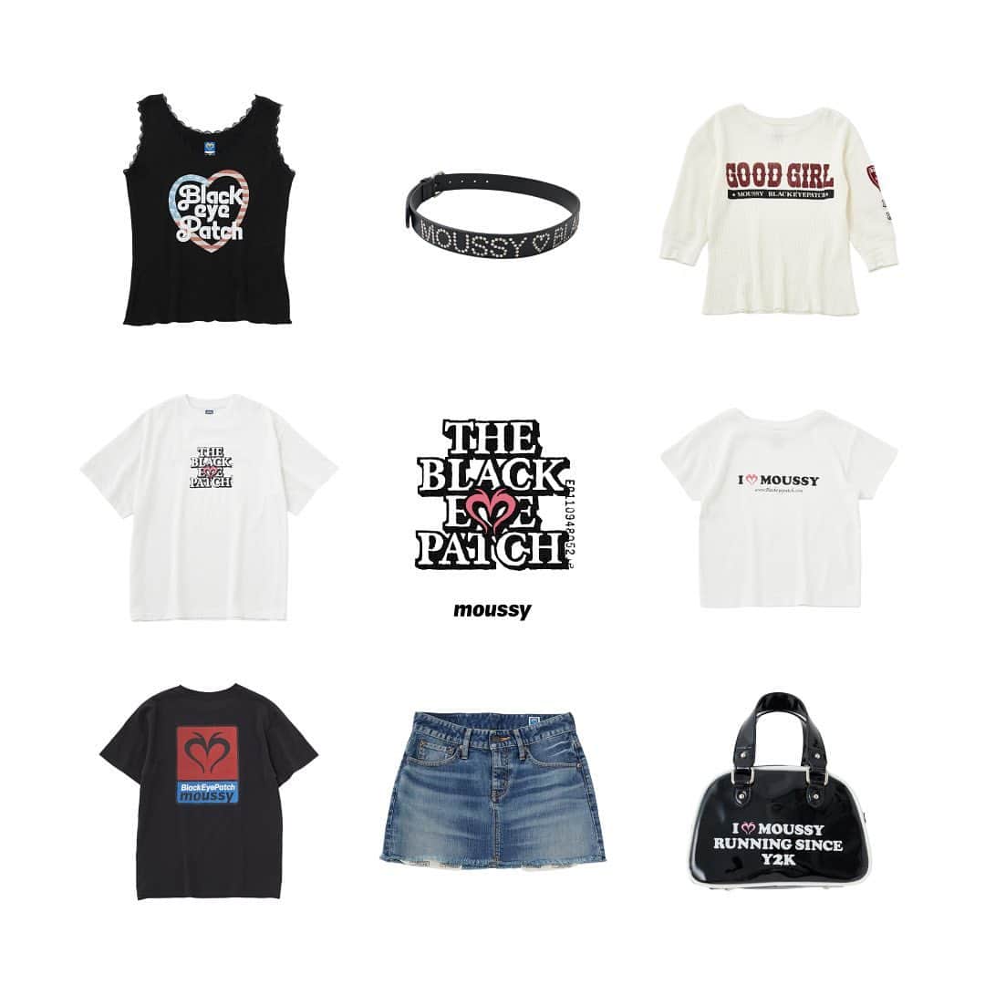 のインスタグラム：「BlackEyePatch | MOUSSY  ・LACE TANK(010GSL01-0480) ・STUDS LEATHER BELT(010GSS01-0430) ・THERMAL TEE(010GSQ01-0530) ・LABEL TEE(010GSQ01-0660) ・I LOVE MOUSSY TEE(010GSQ01-0510) ・00'S MARK TEE(010GSL01-0520) ・MICRO MINI SKIRT(010GSA01-0560) ・LOGO MINI BAG(010GSS01-0460)  全国のMOUSSY店舗／SHEL'TTER WEBSTORE／ZOZOTOWNにて発売中。 #blackeyepatch #MOUSSY」
